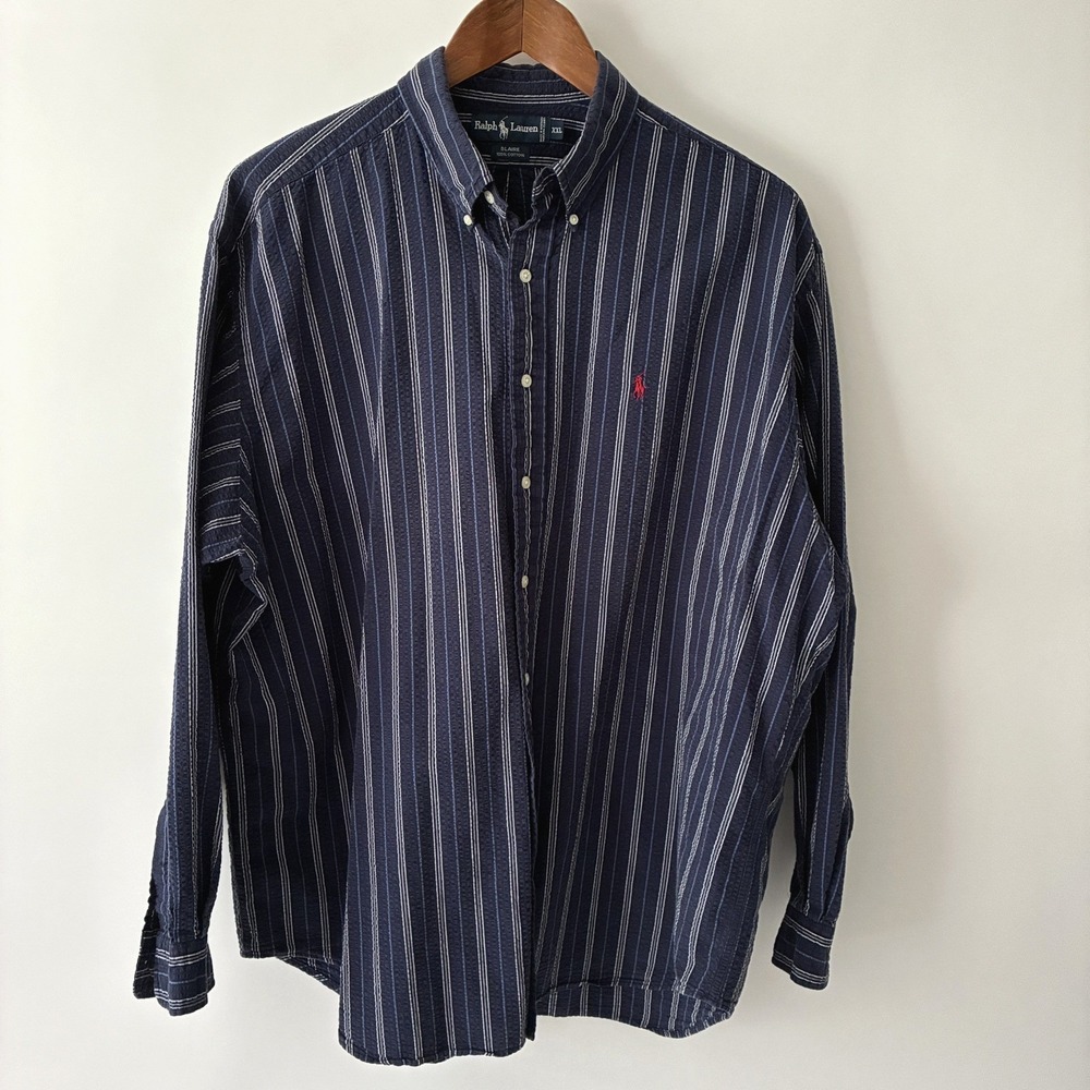 Ralph Lauren Blaire Shirt Men XXL Blue Striped Cotton Seersucker Button Down 90s
